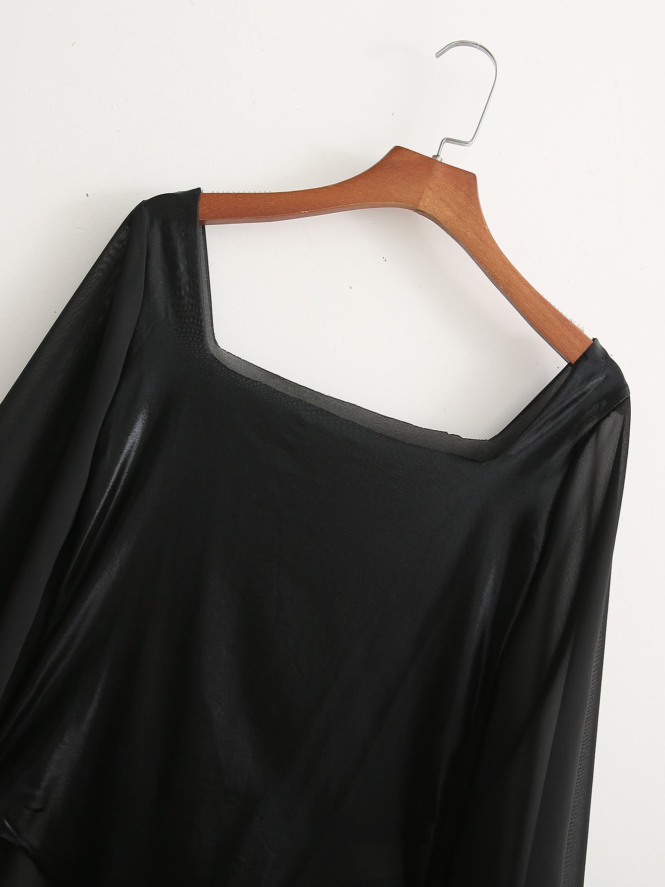 Bodysuit in Black Faux Leather with Sheer Sleeves - black neckline and shoulder detail