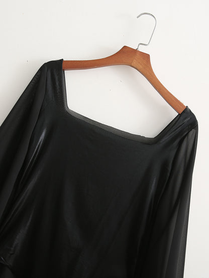 Bodysuit in Black Faux Leather with Sheer Sleeves - black neckline and shoulder detail