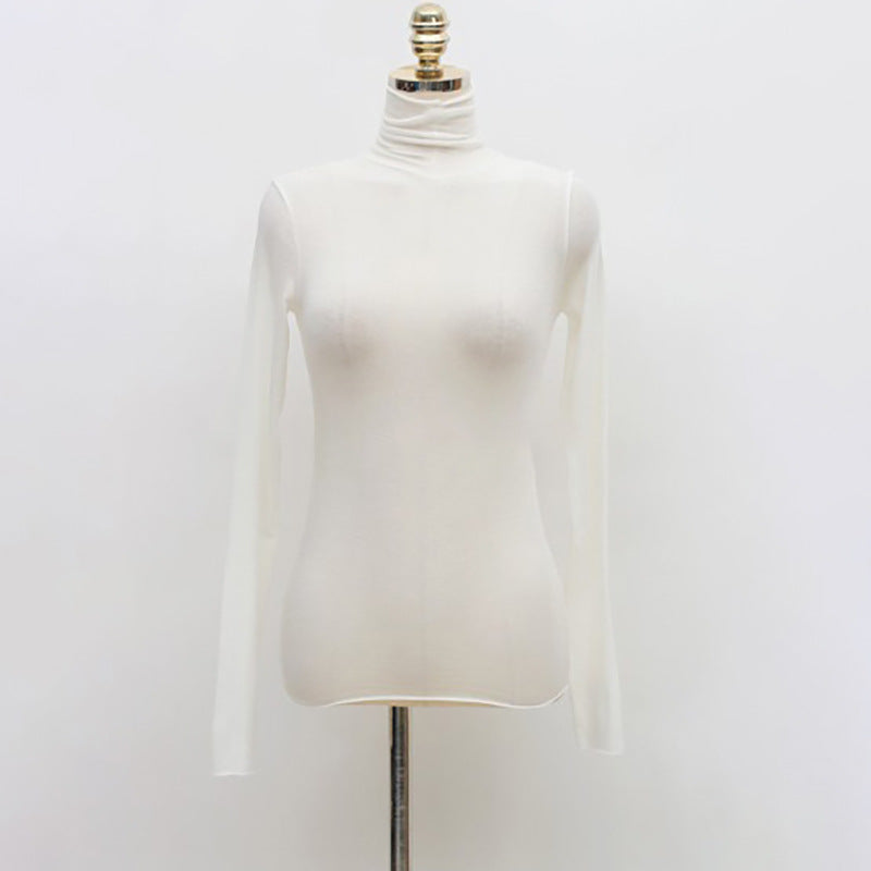 Top in Sheer Stretch Mesh with Turtleneck and Long Sleeves - white front view