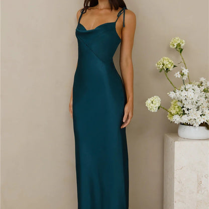 Maxi Dress in Satin with Tie-Shoulder Straps - Navy blue front view