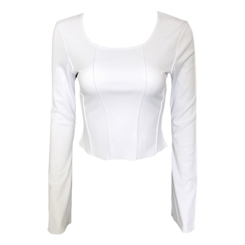Long-Sleeve Top in White with Square Neck and Tie-Back - white flat lay front view