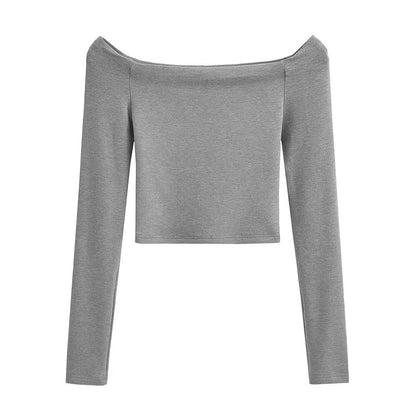Bardot Long Sleeve Crop Top in Black, White and Neutrals - grey front view