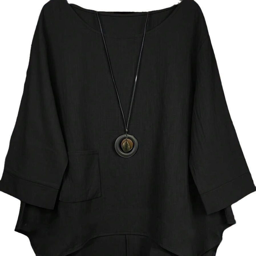 Blouse Tunic with Dipped Hem and Front Pocket - black front view