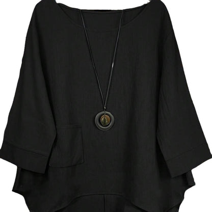 Blouse Tunic with Dipped Hem and Front Pocket - black front view