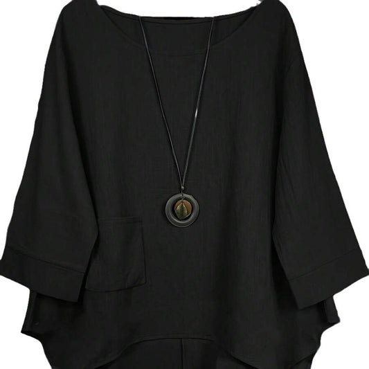 Blouse Tunic with Dipped Hem and Front Pocket - black front view