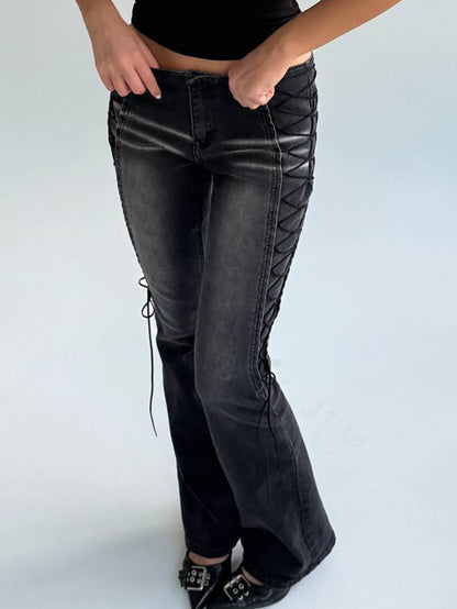 Black Washed Distressed Flare Jeans with Side Lace-Up Detail - lace-up side panel, hip detail