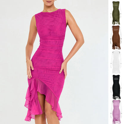 Midi Dress in Sleeveless Ruched Bodycon with Sheer Hem - rose pink front view