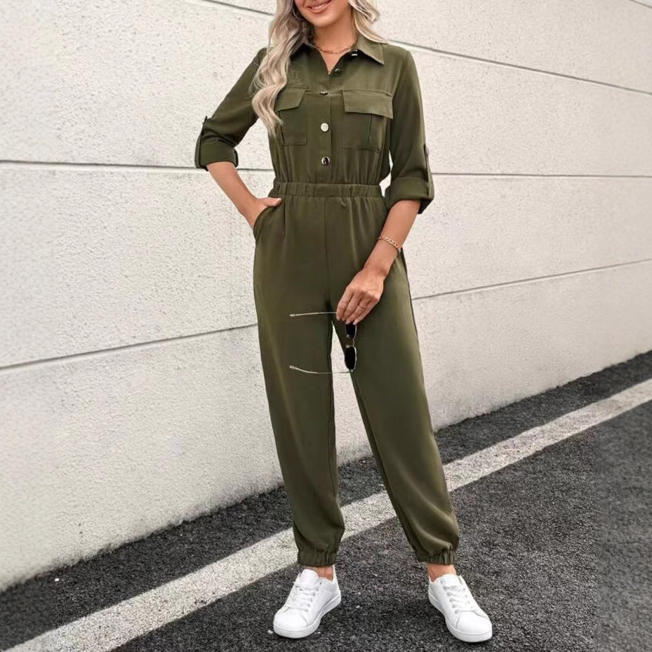 Jumpsuit with Utility Shirt Top in Blue & Khaki - khaki angled front view with side pockets