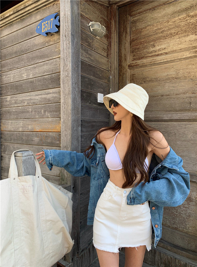 Triangle Halter Top with Open Back - white styled with denim shirt
