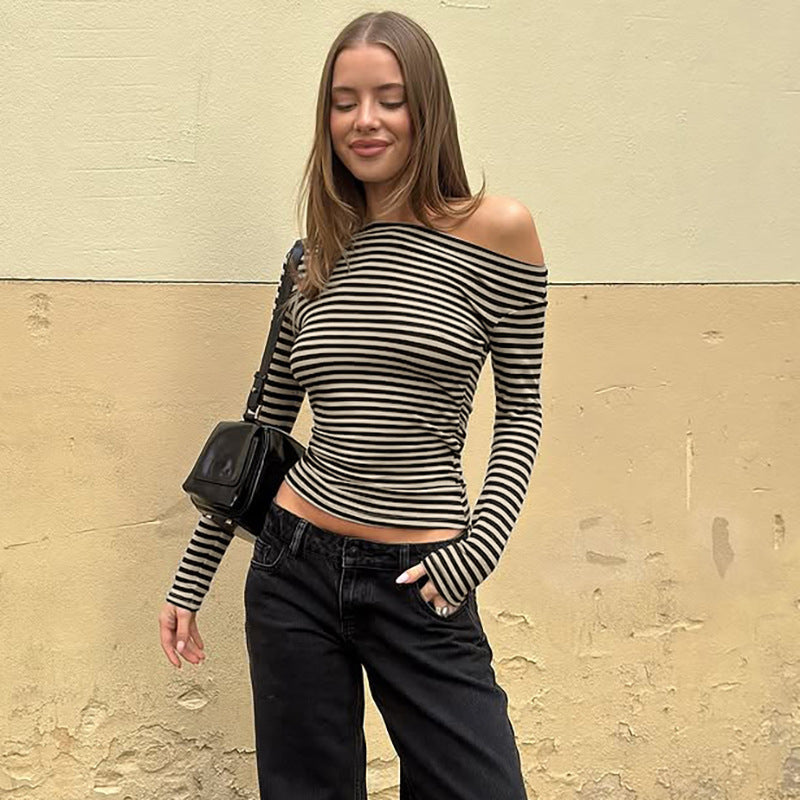 Long Sleeve Top in Black and Stone Stripe with Asymmetric Neckline - full outfit view