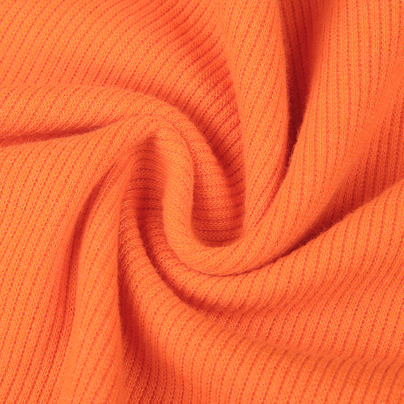 Crop Top in Orange Ribbed Knit with Daisy Applique - orange ribbed knit texture close-up