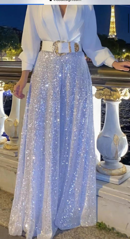 Co-Ord Set with Belted V-Neck Blouse & Sequin Wide-Leg Trousers - white full-length front view