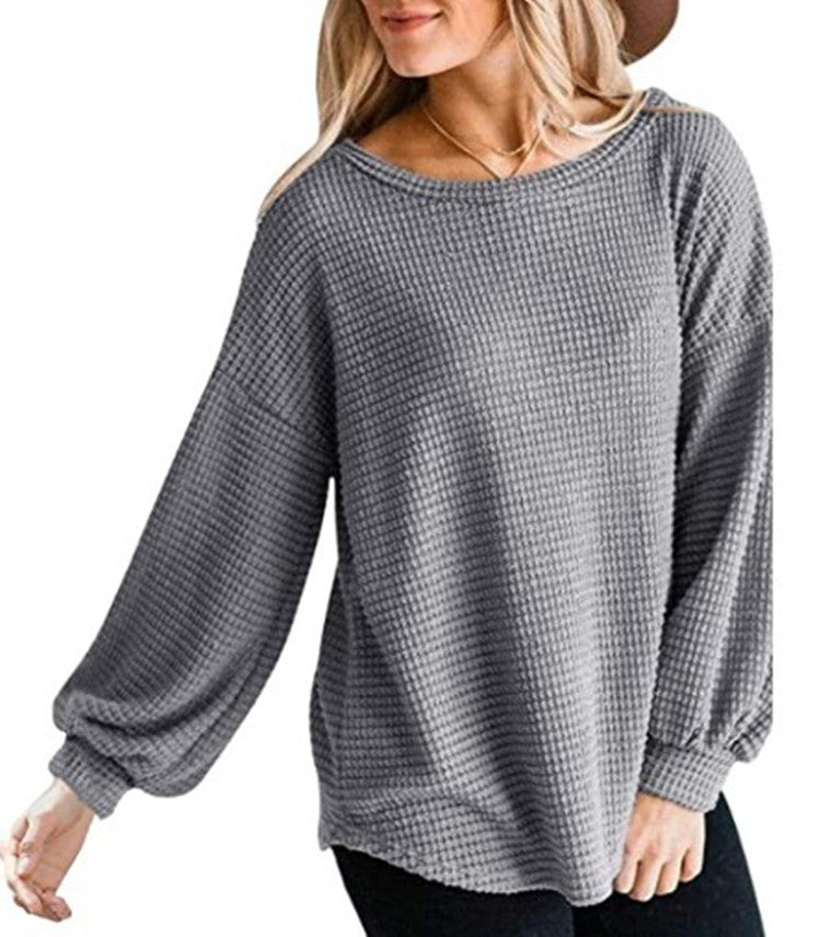 Top in Waffle Texture with Lantern Sleeves - grey front view