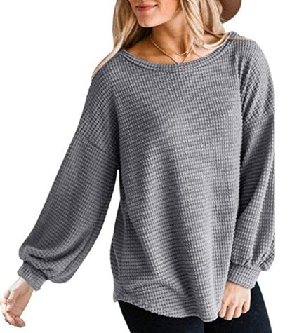 Top in Waffle Texture with Lantern Sleeves - grey front view