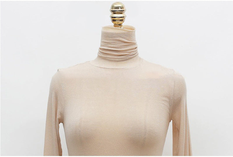 Top in Sheer Stretch Mesh with Turtleneck and Long Sleeves - apricot turtleneck close-up