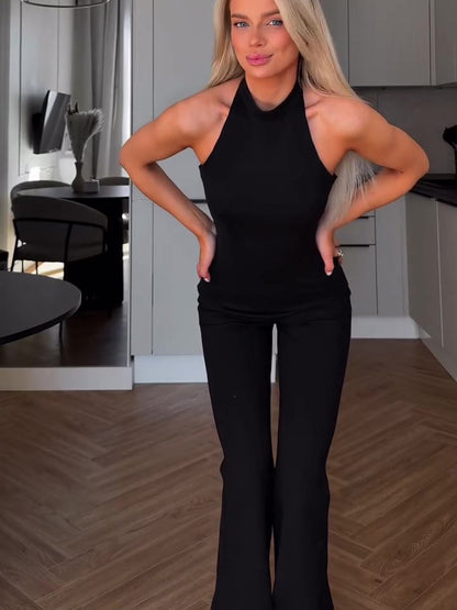 Halter-Neck Wide-Leg Jumpsuit in Black - black front close view