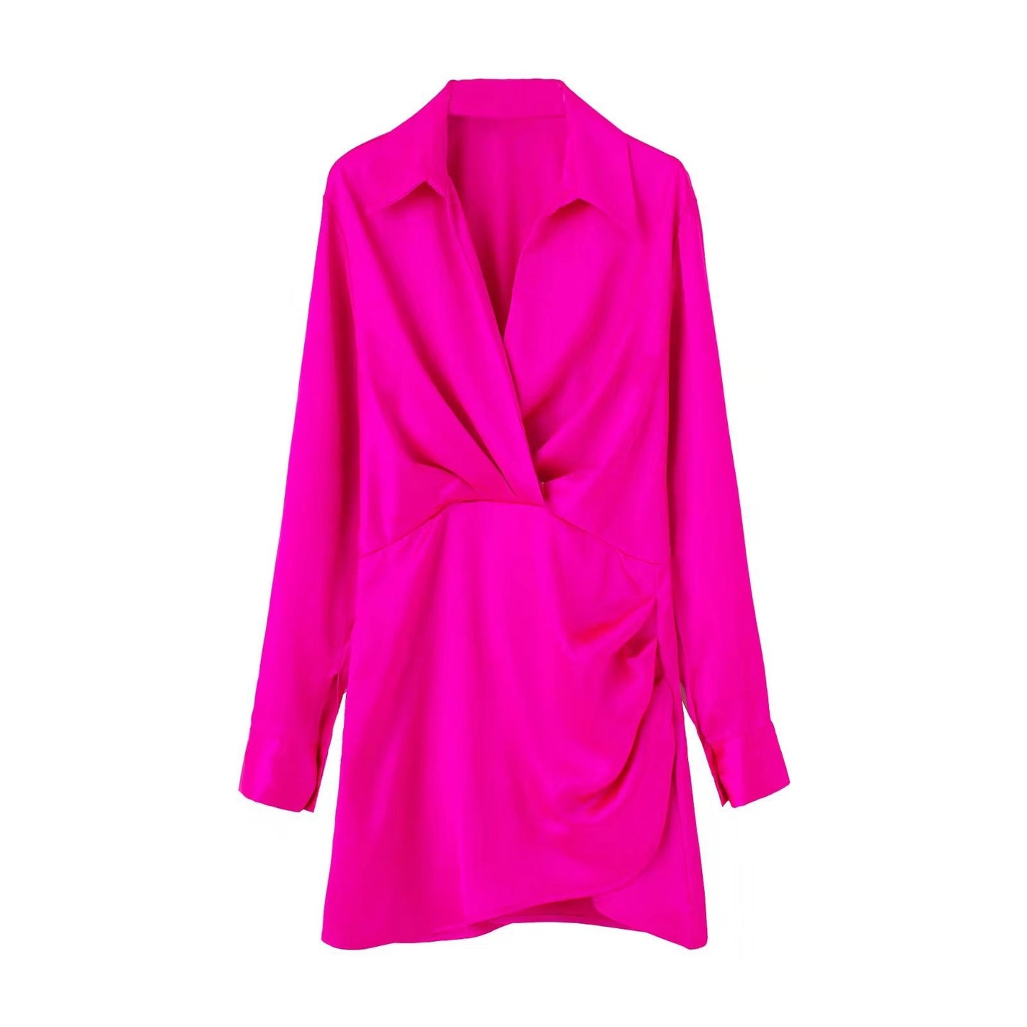 Mini Shirt Dress with Satin-Feel Drape Waist - rose red front view