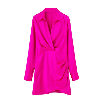 Mini Shirt Dress with Satin-Feel Drape Waist - rose red front view
