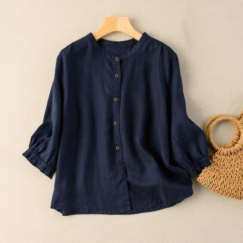 Blouse in Textured Cotton with Gathered Half Sleeves - navy blue front view