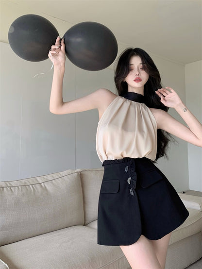 Blouse in Cream Halterneck with Contrast Collar - full outfit styled view