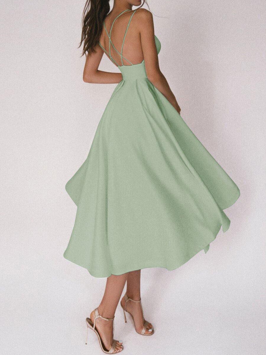 Midi Dress with Plunge Neck and Low Back - Green back view