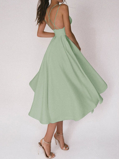 Midi Dress with Plunge Neck and Low Back - Green back view