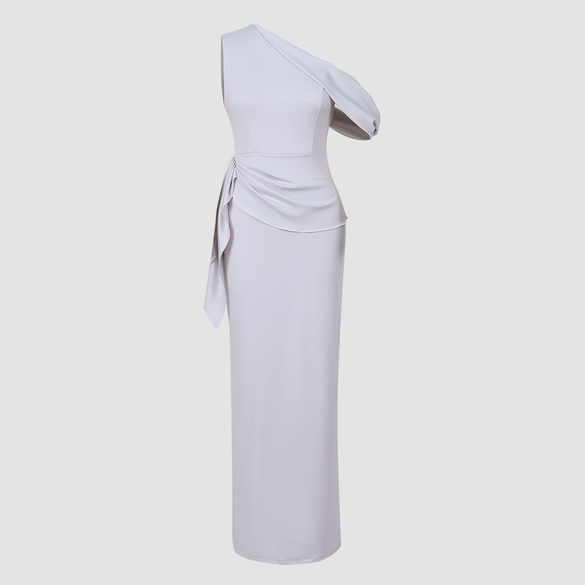 Maxi Dress in Soft Grey with One-Shoulder Drape - mannequin full-length view