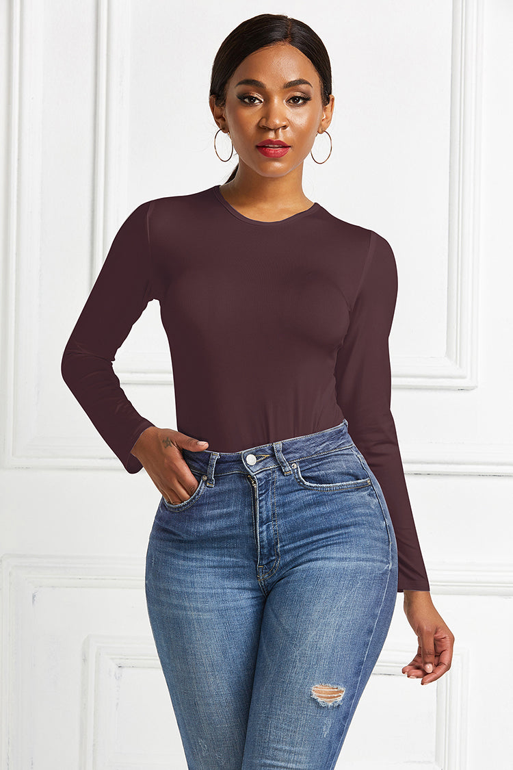 Bodysuit with Long Sleeves and Crew Neck - brown styled with jeans