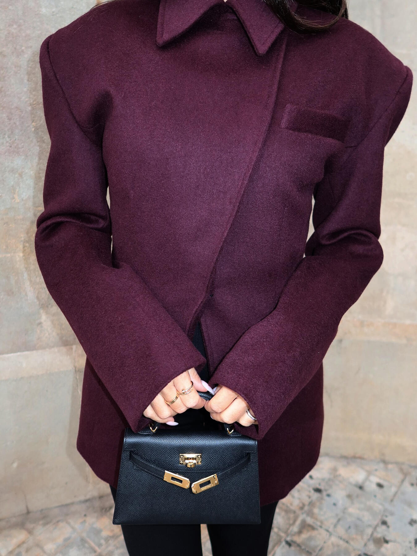 Cross-Placket Tailored Blazer in Burgundy - burgundy mid-length front view showing asymmetric placket