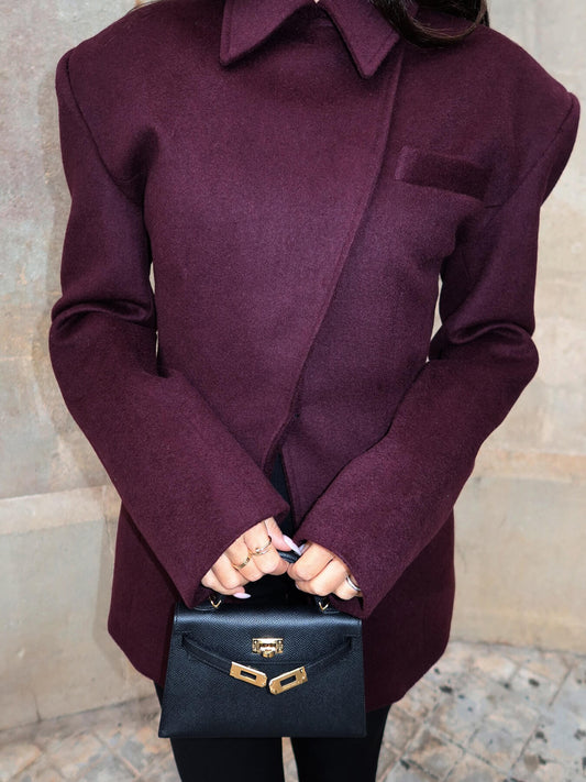 Cross-Placket Tailored Blazer in Burgundy - burgundy mid-length front view showing asymmetric placket