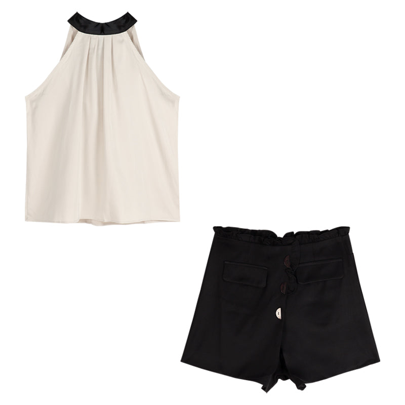 Blouse in Cream Halterneck with Contrast Collar - flat lay top and shorts set