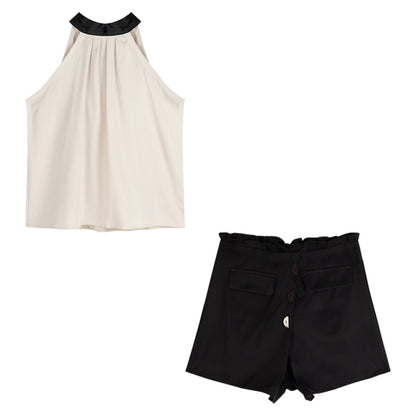 Blouse in Cream Halterneck with Contrast Collar - flat lay top and shorts set