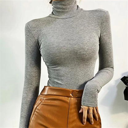 Bodysuit in Stretch Cotton with High Neck and Long Sleeves - grey front styling shot