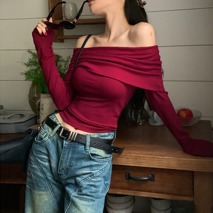 Top in Wine Red with Draped Bardot Neck - wine red angled lifestyle view