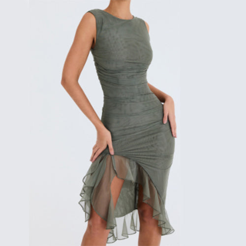 Midi Dress in Sleeveless Ruched Bodycon with Sheer Hem - sage green front view