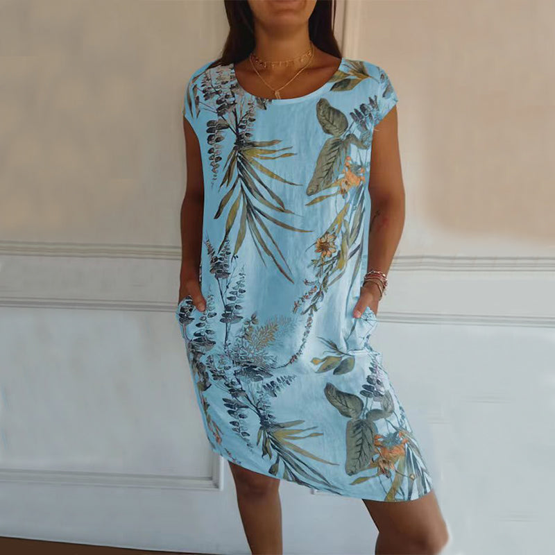 Midi Dress in Tropical Leaf Print with Pockets - sky blue front view