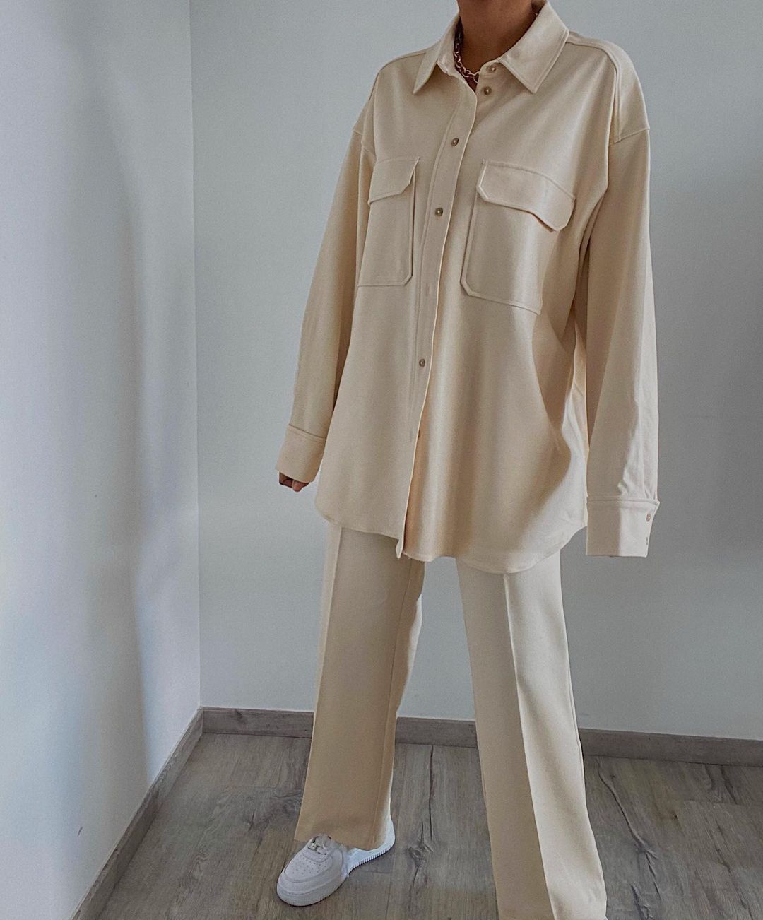 Shirt Jacket in Beige & Dusty Pink with Longline Oversized Fit - beige full-length front view