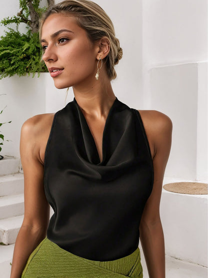 Halter Top in Satin with Cowl Neck - black front close-up