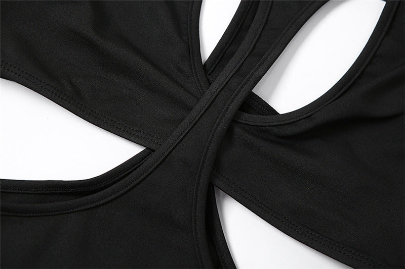 Bodysuit in Black with Open Back and Front Cut-Outs - black front strap detail