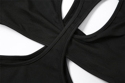 Bodysuit in Black with Open Back and Front Cut-Outs - black front strap detail