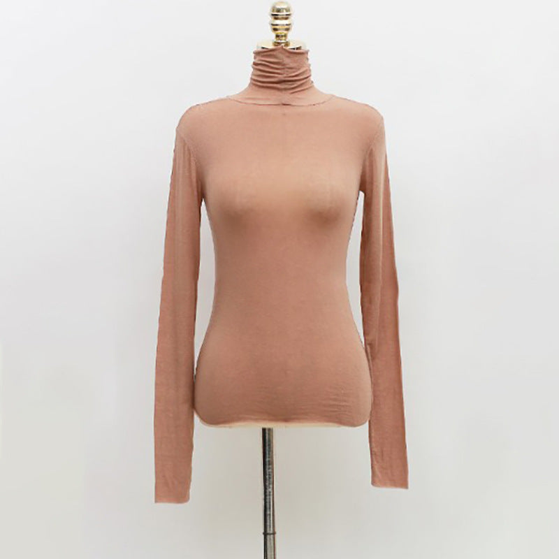 Top in Sheer Stretch Mesh with Turtleneck and Long Sleeves - brown front view