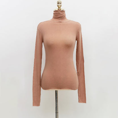 Top in Sheer Stretch Mesh with Turtleneck and Long Sleeves - brown front view