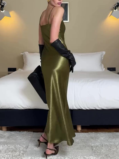 Satin Maxi Slip Dress in Olive Green - olive back view with slim straps