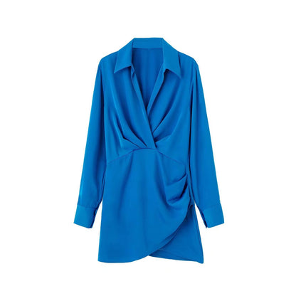 Mini Shirt Dress with Satin-Feel Drape Waist - blue front view