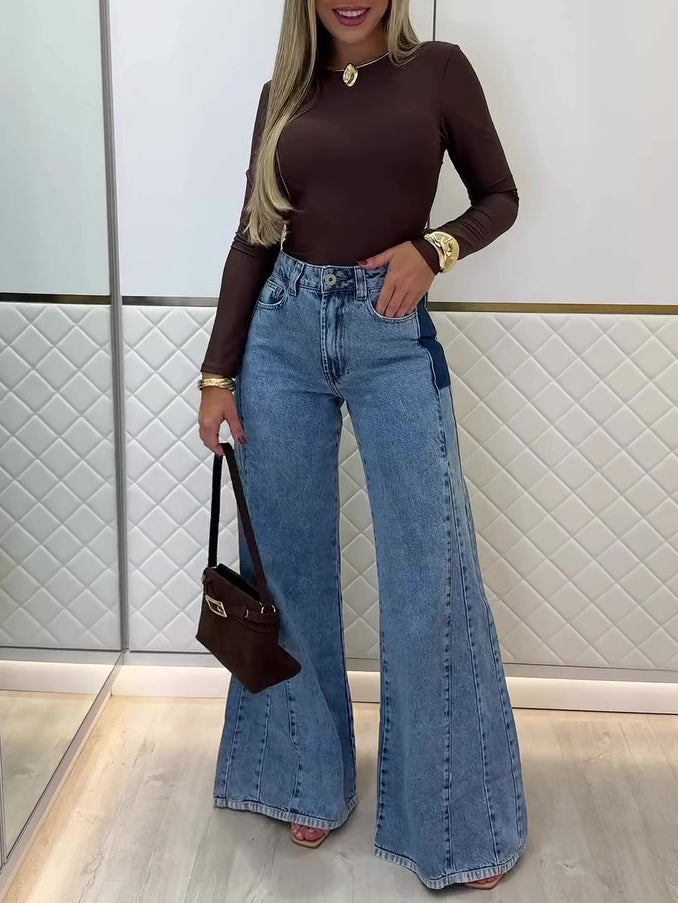Light Blue High-Waisted Contrast Panel Flared Jeans - light blue full front view