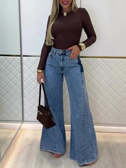Light Blue High-Waisted Contrast Panel Flared Jeans - light blue full front view