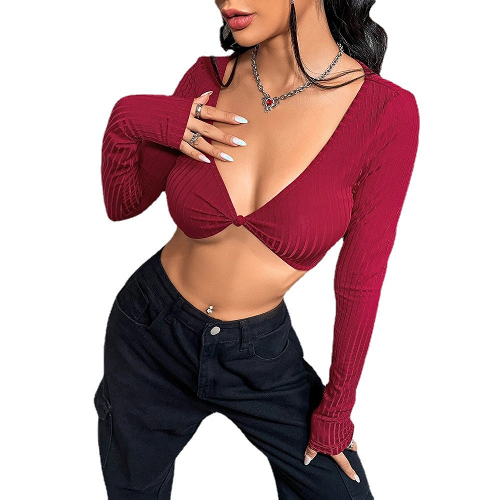 Crop Top in Wine Red with Twist Front Cut-Out - wine red twist-front close-up