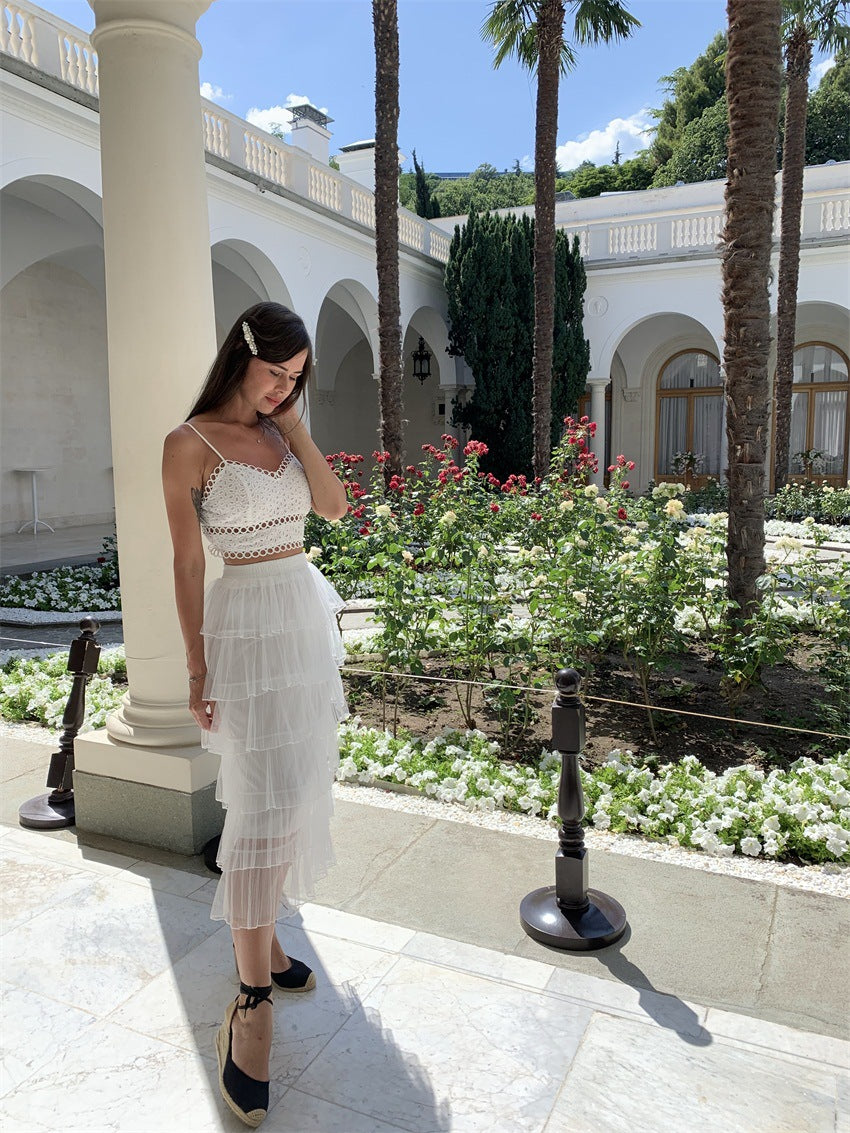 Cami Crop Top in White Broderie Anglaise - white full-length holiday look with a layered tulle skirt