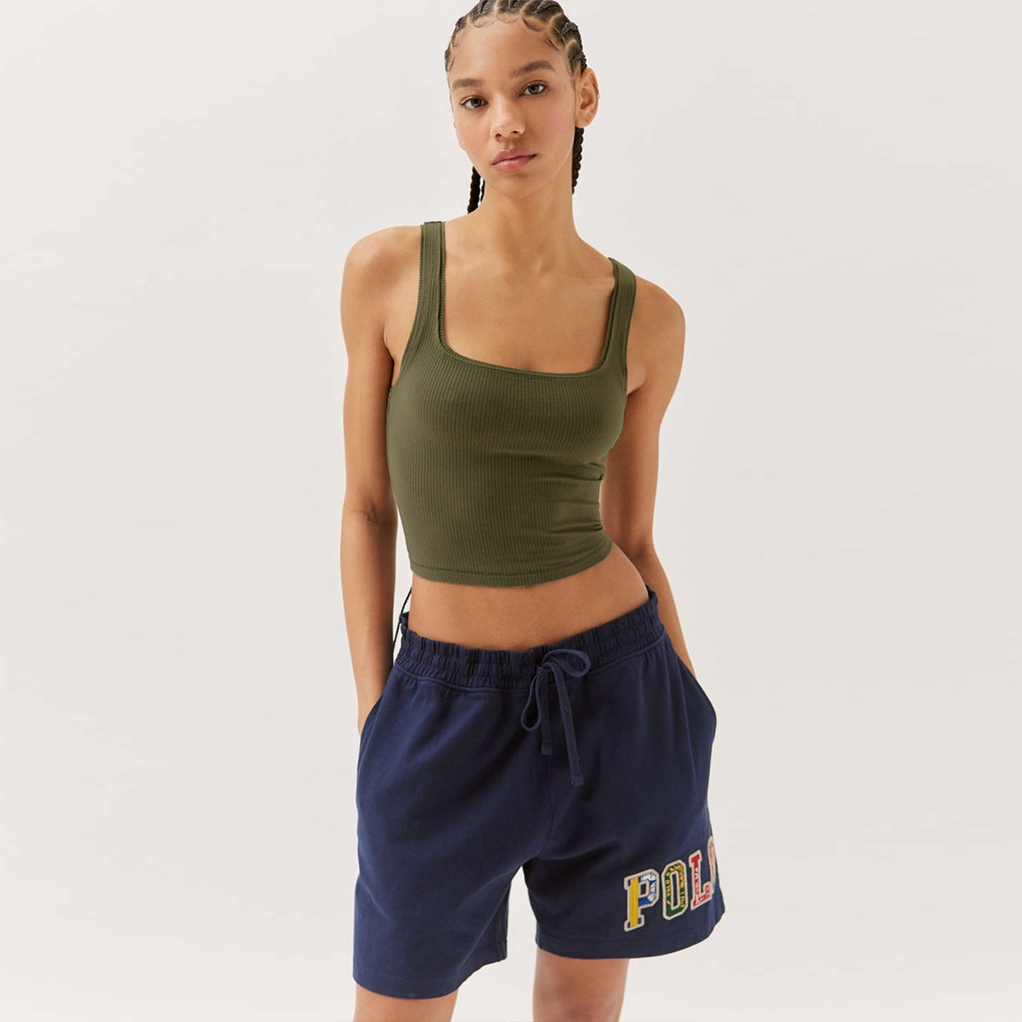 Crop Vest Top with Square Neck and Ribbed Stretch - army green front view
