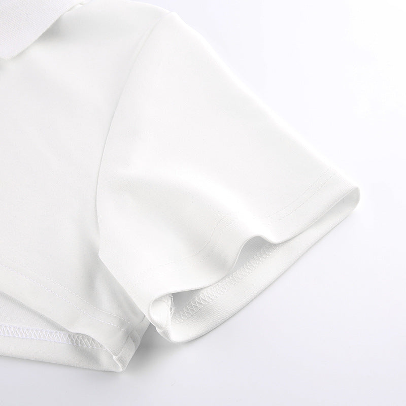 Cropped Polo Top with Double Ring Zip in White - white short sleeve cuff close-up